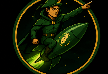 HoodHim riding a green rocket